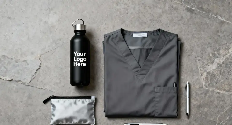 A branded water bottle, scrub top, pen and zip pouch laid out on a stone counter