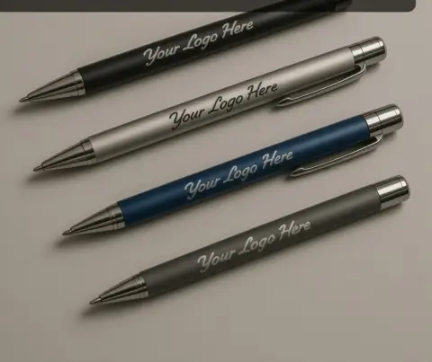 Four metal pens engraved with a logo
