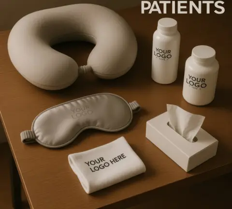 A branded aftercare kit with a neck pillow, eye mask and care items